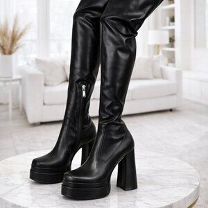 Thigh-High Black Platform Boots – Double Sole